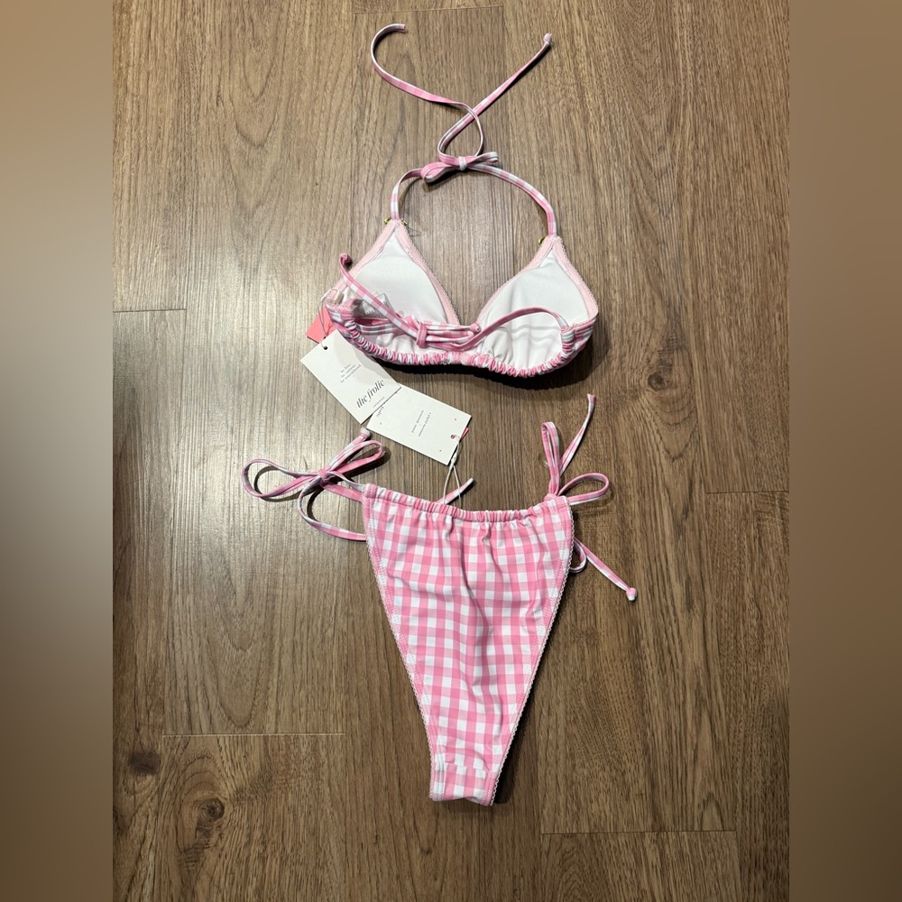 The Frolic x Lydia Kara triangle Bikini Set top & bottoms Pink Gingham Sz S NWT - Picture 7 of 8
